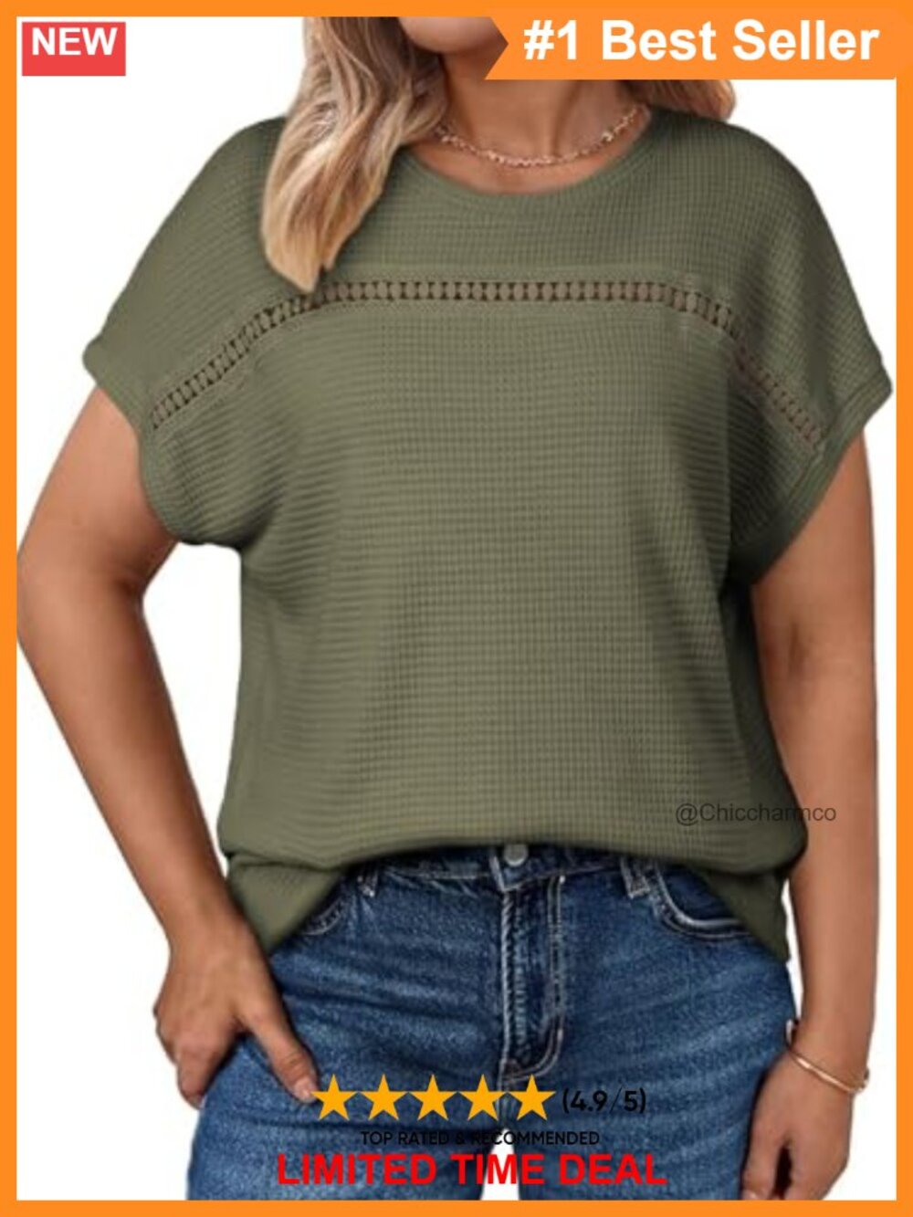 Plus Size Waffle Knit Hollow Out Short Sleeve Crewneck Casual Top